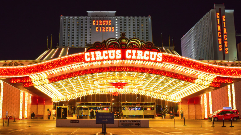 The illuminated Circus Circus Hotel & Casino Entrance in Las Vegas at night