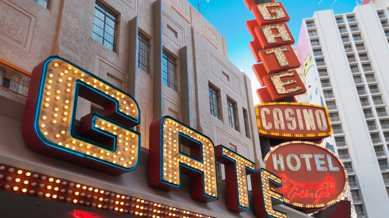 Close-up of the neon signage at Golden Gate Hotel and Casino, situated on Fremont Street in downtown Las Vegas.