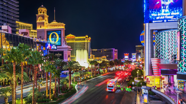 Las Vegas Strp at night showing the Bellagio and other buildings