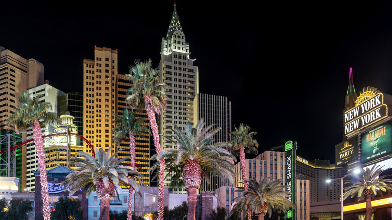 Panoramic view of the New York-New York Hotel & Casino skyline at night