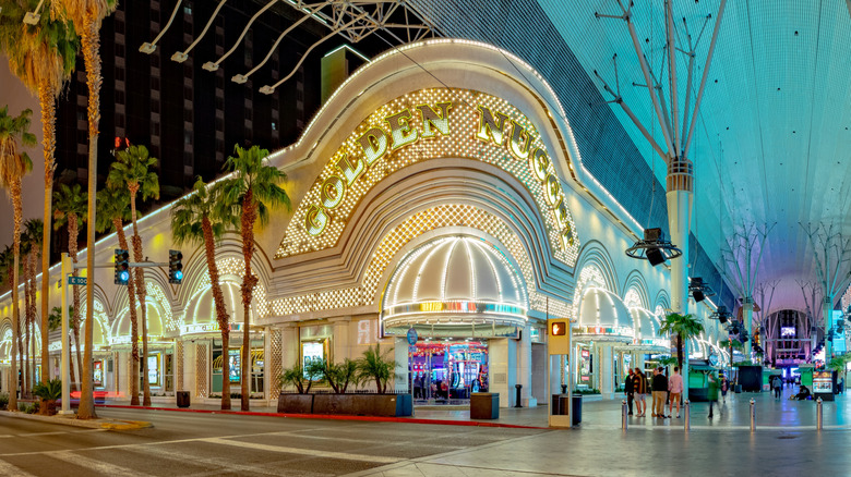 The Golden Nugget front entrance on Fremont Street at night