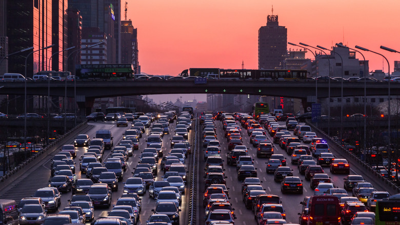 Jam-packed highway at dusk