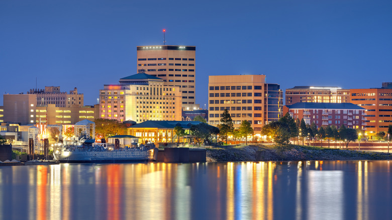 Downtown Evansville, Indiana, with its skyline reflected along the Ohio River