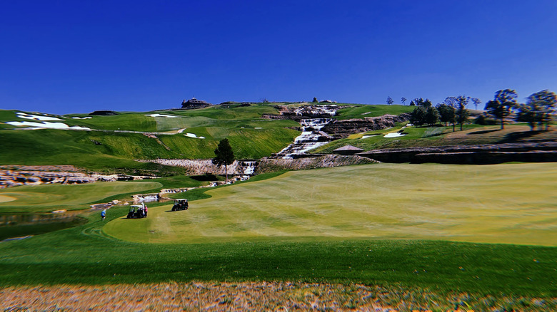 Cascading waterfalls at Payne's Valley golf course in Hollister, Missouri