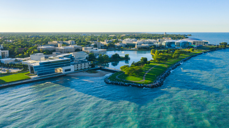 Aerial view of Northwestern University in Evanston, Illinois, taken from over Lake Michigan
