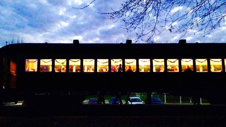 A Christmas themed coach in the Hocking Valley Railroad in Ohio