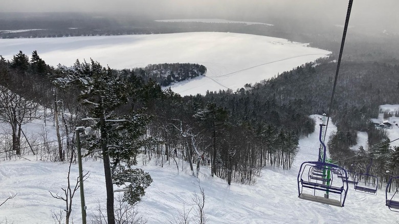 The view from a chairlift down the mountain in Mount Bohemia, Michigan