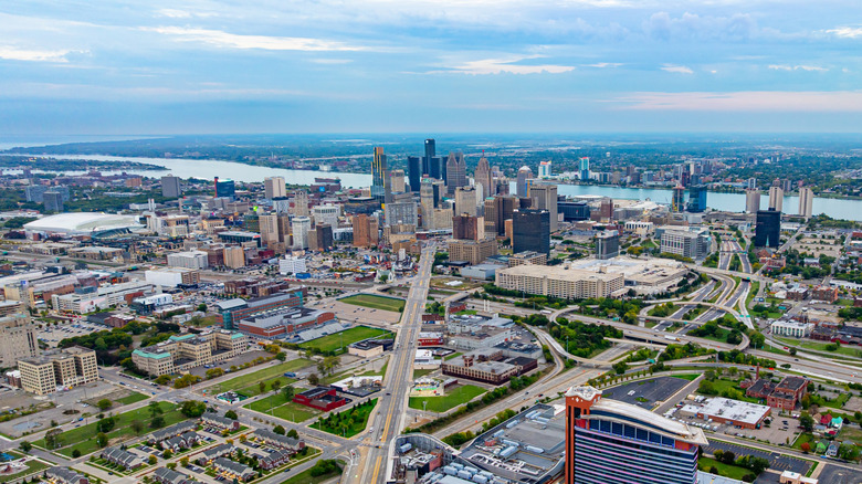 An aerial view of downtown Detroit, Michigan