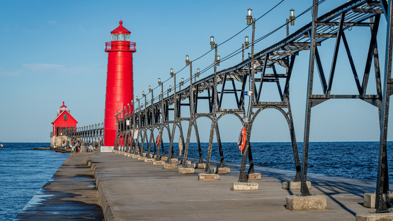 Historic lighthouses along the Grand Haven South Pier in Michigan