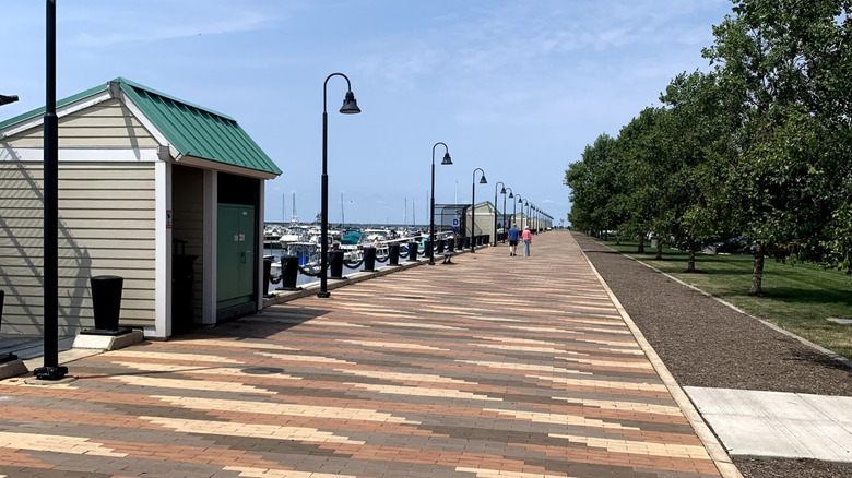 View down the Mile-Long Pier with brick pavers in Lorain, Ohio