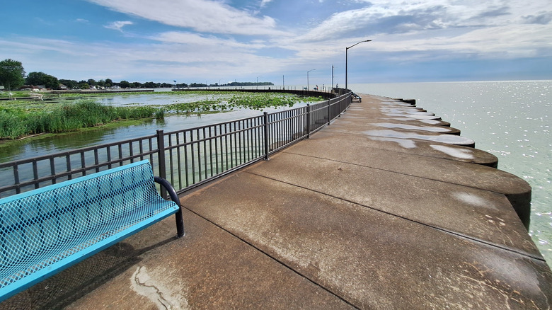 Wide view across the crescent-shaped pier in Luna Pier, Michigan