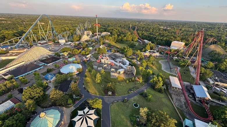 Arial view of Kings Island's roller coasters and other rides