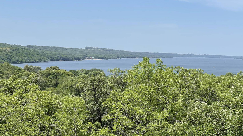 Aerial view of Big Stone Lake surrounded by trees at Hartford Beach State Park, South Dakota.