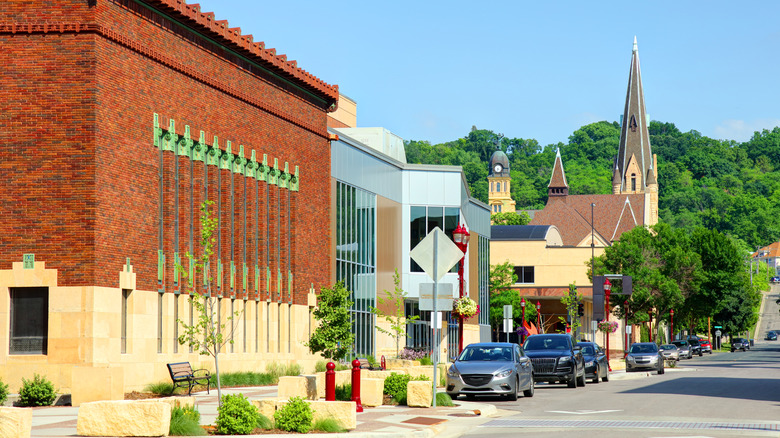 Downtown Mankato area with buildings on the left and a church in the background