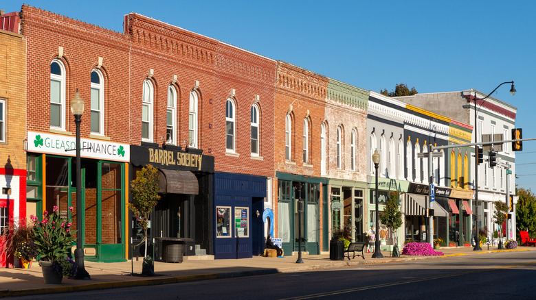 Downtown Princeton Illinois with shops and brick builidings
