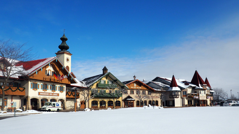 Bavarian-style houses on a snowy day in Frankenmuth, Michigan