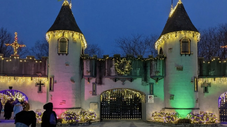 Picture of medieval castle decorated with christmas lights