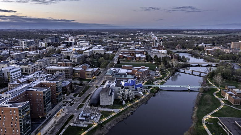 Downtown Iowa City next to the river at sunrise