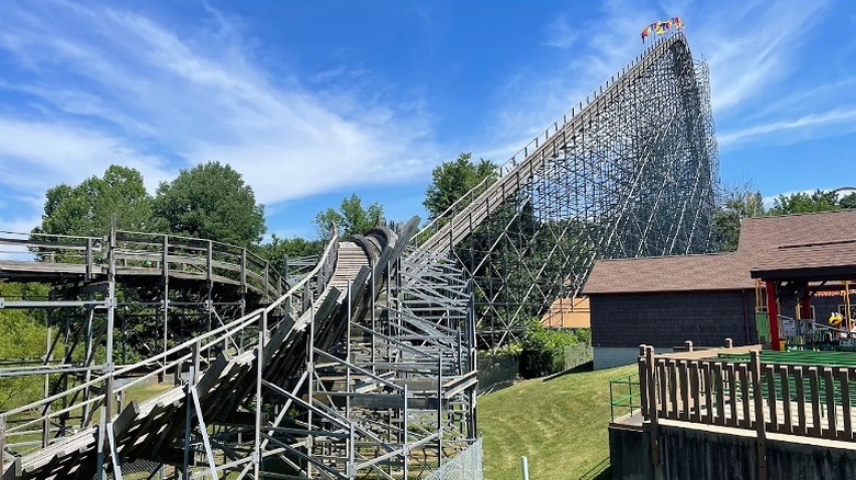 The wooden tracks of The Voyage roller coaster at Holiday World & Splashin' Safari.