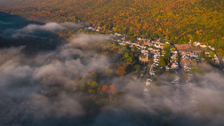 Aerial view of Jim Thorpe, PA, during autumn in the dawn mist