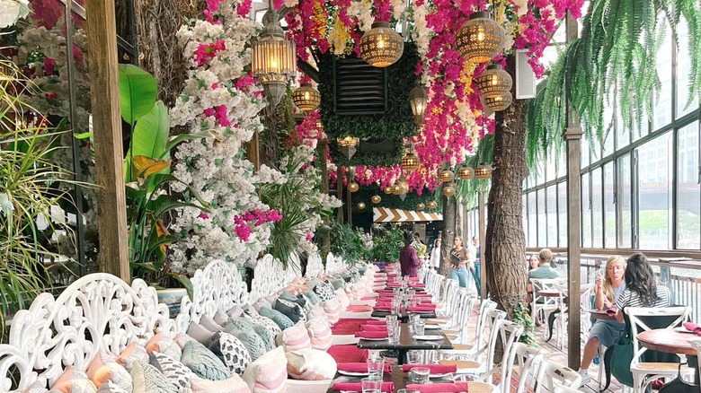Boho interior with hanging lights and plants at Beatnik on the River, Chicago