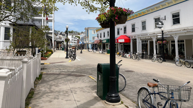Street lined with bicycles in downtown Mackinac Island