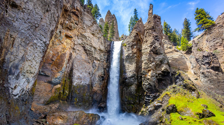 A panoramic ground level view of Tower Fall in Yellowstone National Park