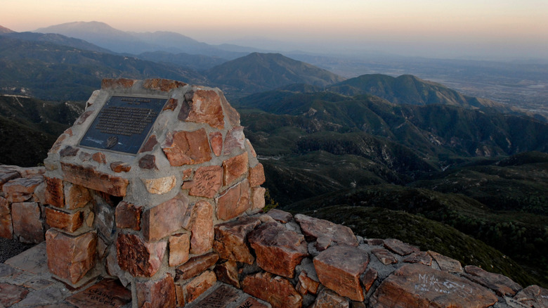 View from Rim of the World Scenic Byway in the San Bernardino mountains and plaque to Donald S. Wieman