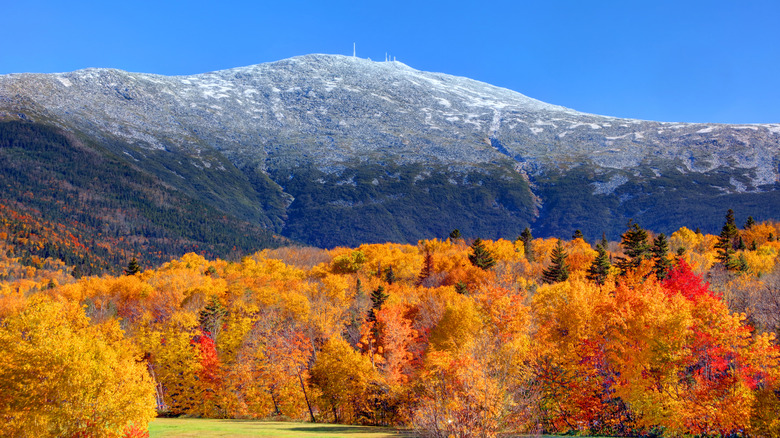 A view of New Hampshire's Mount Washington in fall from below