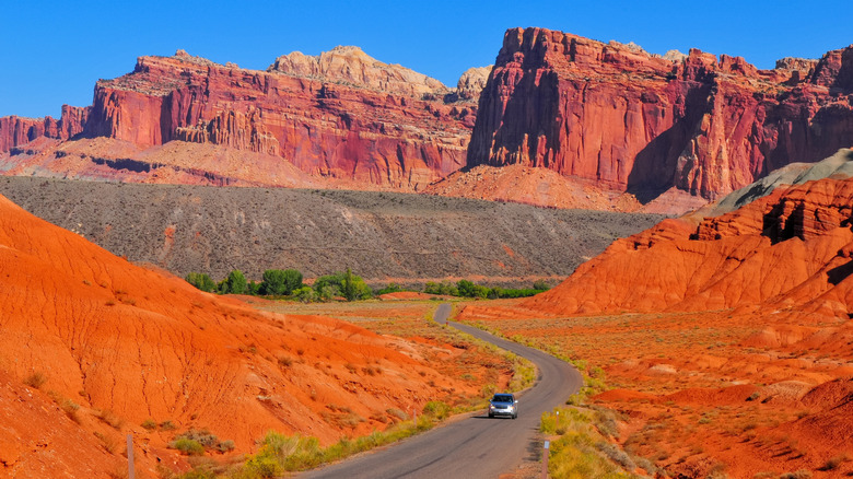 Scenic Drive through the red and orange rocks of Capitol Reef National Park, Utah