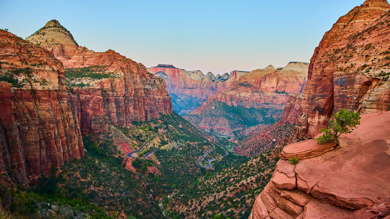 View of Route 9 out onto red cliffs from overlook in Zion National Park