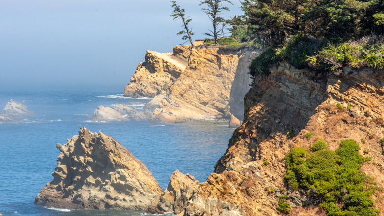 slight morning fog on the rocky shores