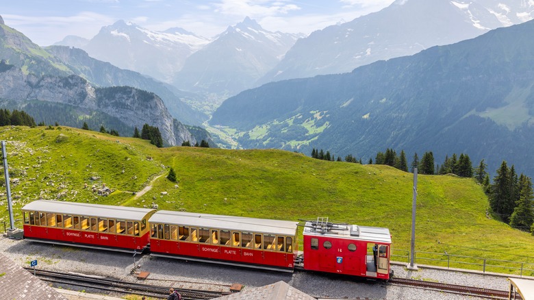 A Swiss historic red carriage train running through Alpine slopes