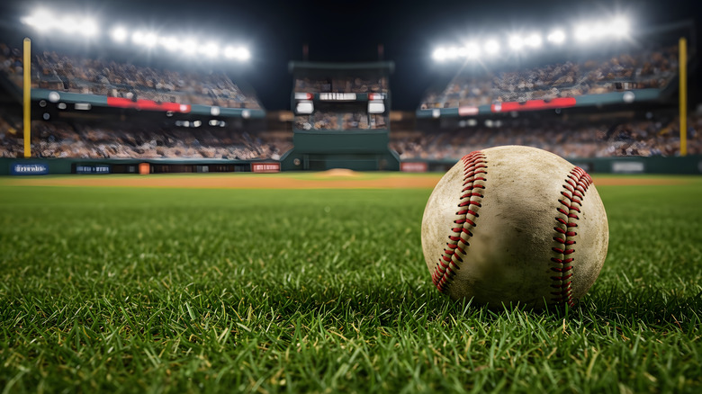 Baseball in foreground on field