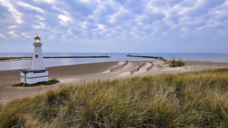 Lighthouse on New Buffalo Beach in New Buffalo, Michigan