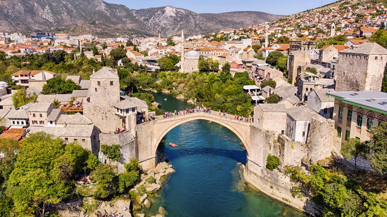 Ariel view of Stari Most, the old Bridge of Mostar in Bosnia and Herzegovina
