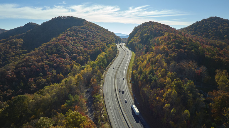 I-40 freeway in North Carolina heading to Asheville through Appalachian mountains