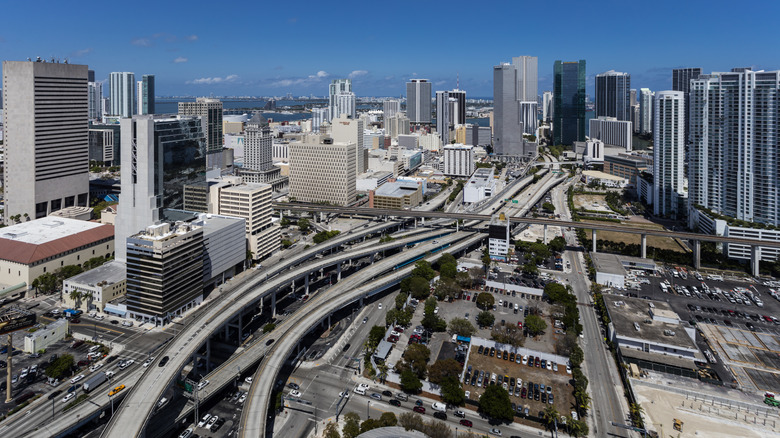 Aerial of interstate 95 with buildings and skyscrapers in Miami, Florida