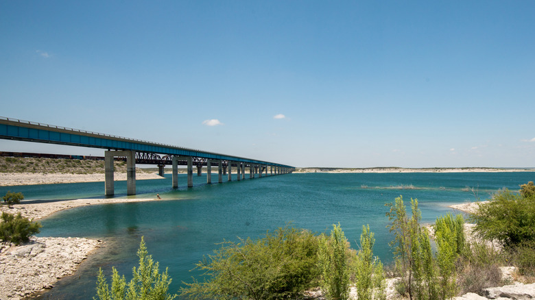 A view of the U.S. 90 highway bridge crossing over the Amistad National Recreation Area in West Texas