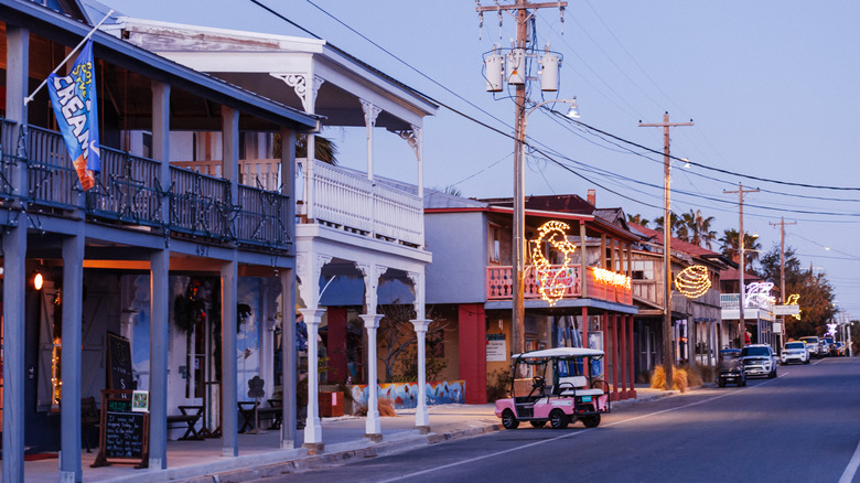 Bars, restaurants and stores on main street in Cedar Key, Florida