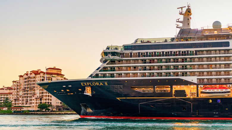 Explora II in European port at sunset