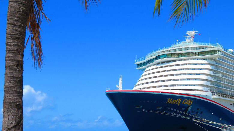 Carnival Mardi Gras ship in port in the Caribbean with a palm tree in the foreground