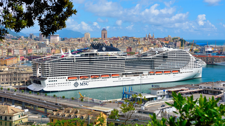MSC World Europa in port in Genoa, Italy on a sunny day