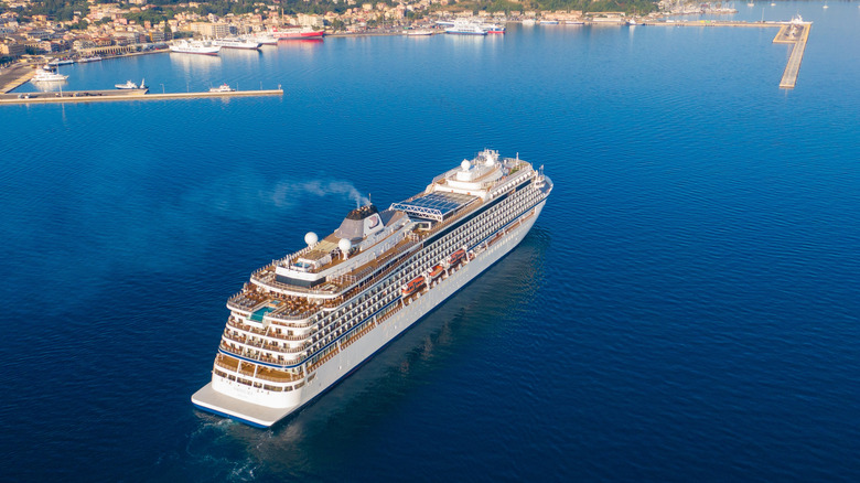 Aerial view of Viking cruise ship sailing off the coast of Corfu, Greece