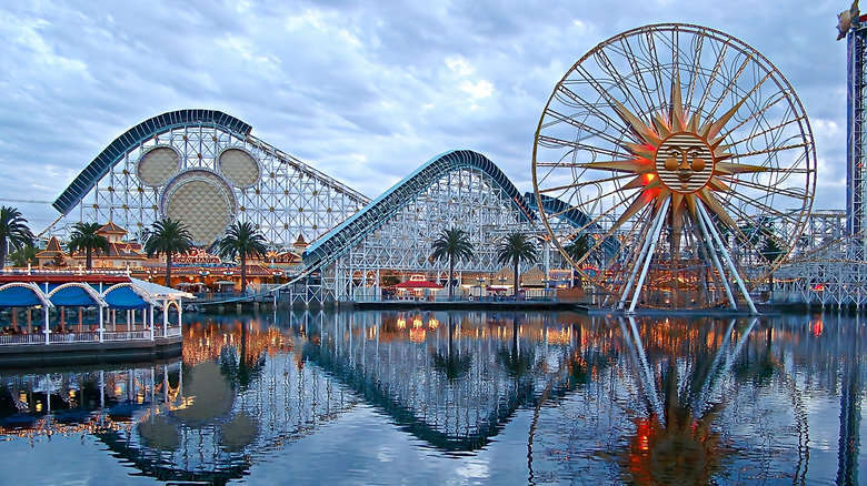 Landscape view of Disney California Adventure's signature rides like Incredicoaster and Pixar Pal-A-Round Ferris wheel