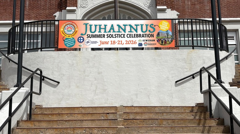 A sign for Juhannus Summer Solstice Celebration in Hancock, Michigan