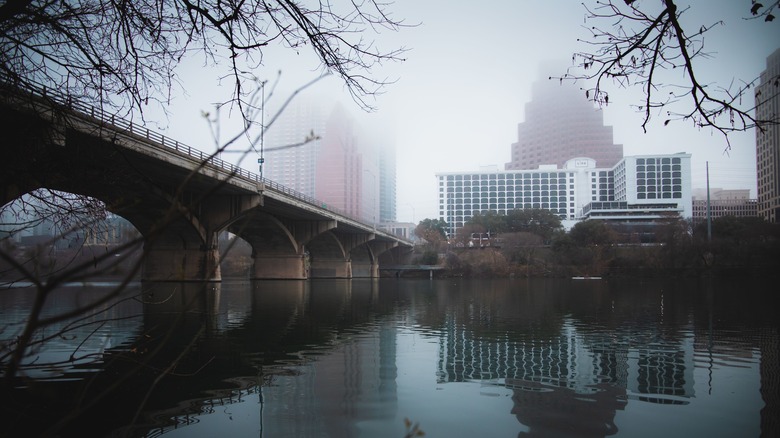 Foggy morning view of Congress Avenue Bridge and downtown Austin, Texas