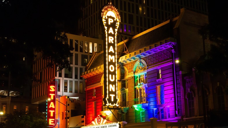 Exterior of the Paramount Theatre in Austin, TX at night