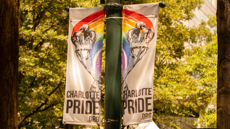 Charlotte Pride banners as seen throughout downtown during June
