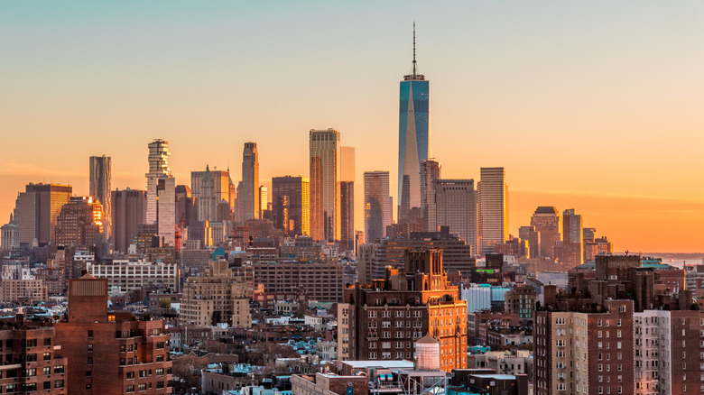 Orange sky over New York City skyline